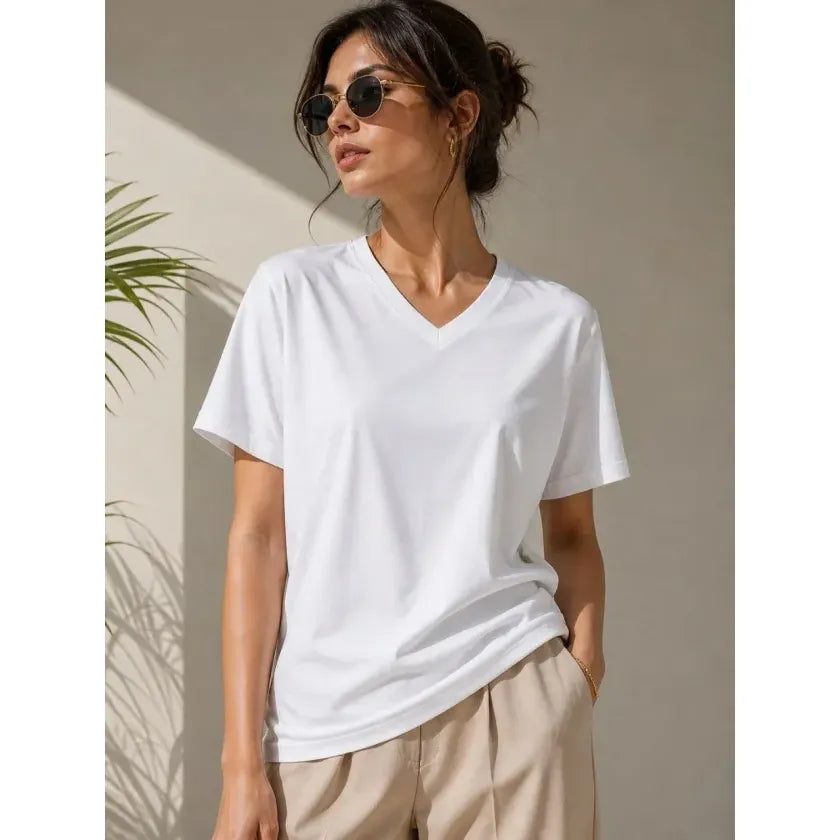 V Yaka Basic Tişört Kısa Kol Yazlık Regular Fit T-Shirt - Beyaz