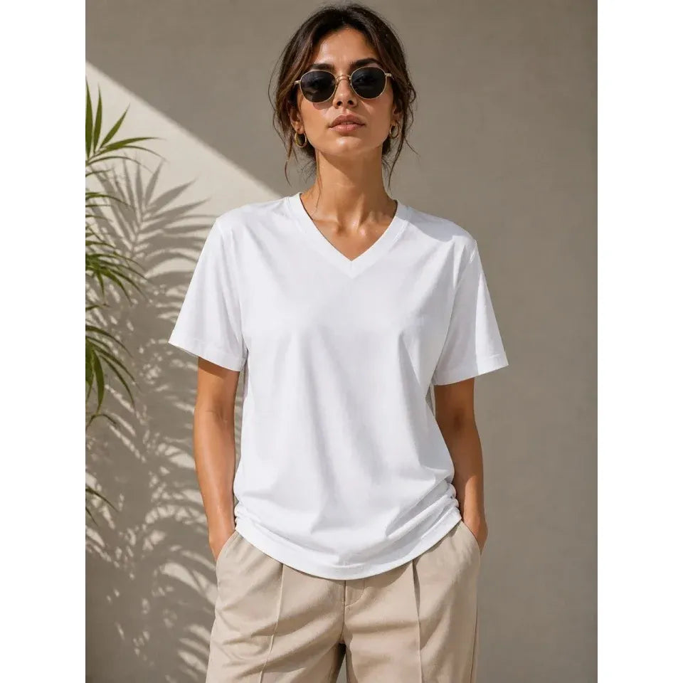 V Yaka Basic Tişört Kısa Kol Yazlık Regular Fit T-Shirt - Beyaz