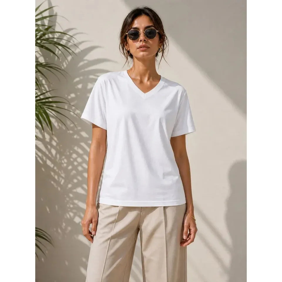 V Yaka Basic Tişört Kısa Kol Yazlık Regular Fit T-Shirt - Beyaz