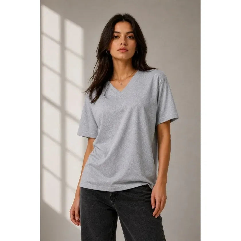 V Yaka Basic Tişört Kısa Kol Yazlık Regular Fit T-Shirt - Gri