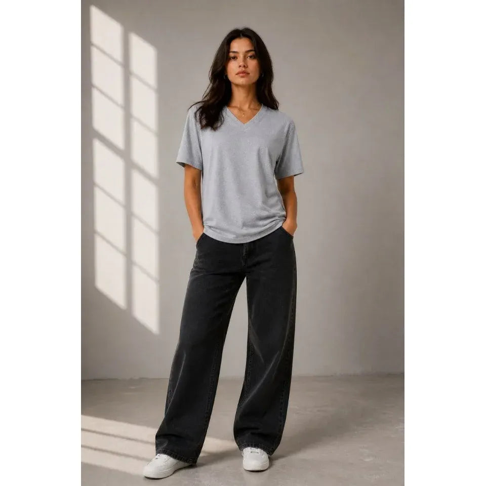 V Yaka Basic Tişört Kısa Kol Yazlık Regular Fit T-Shirt - Gri