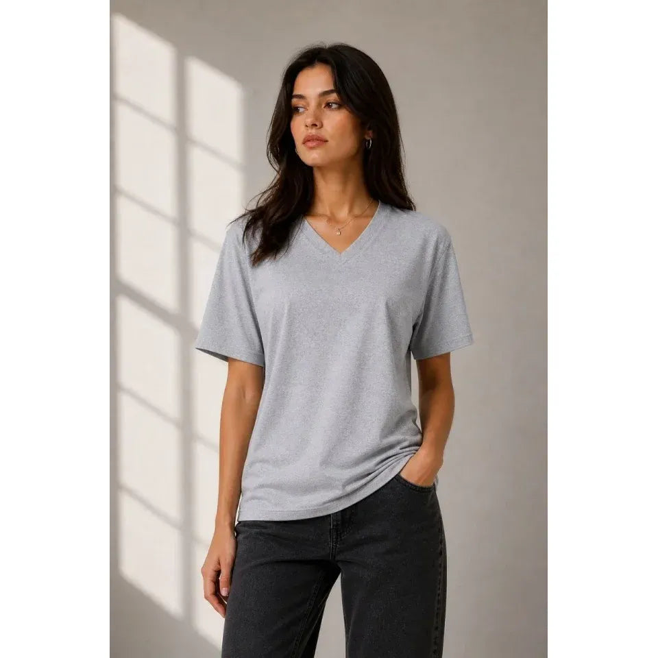V Yaka Basic Tişört Kısa Kol Yazlık Regular Fit T-Shirt - Gri