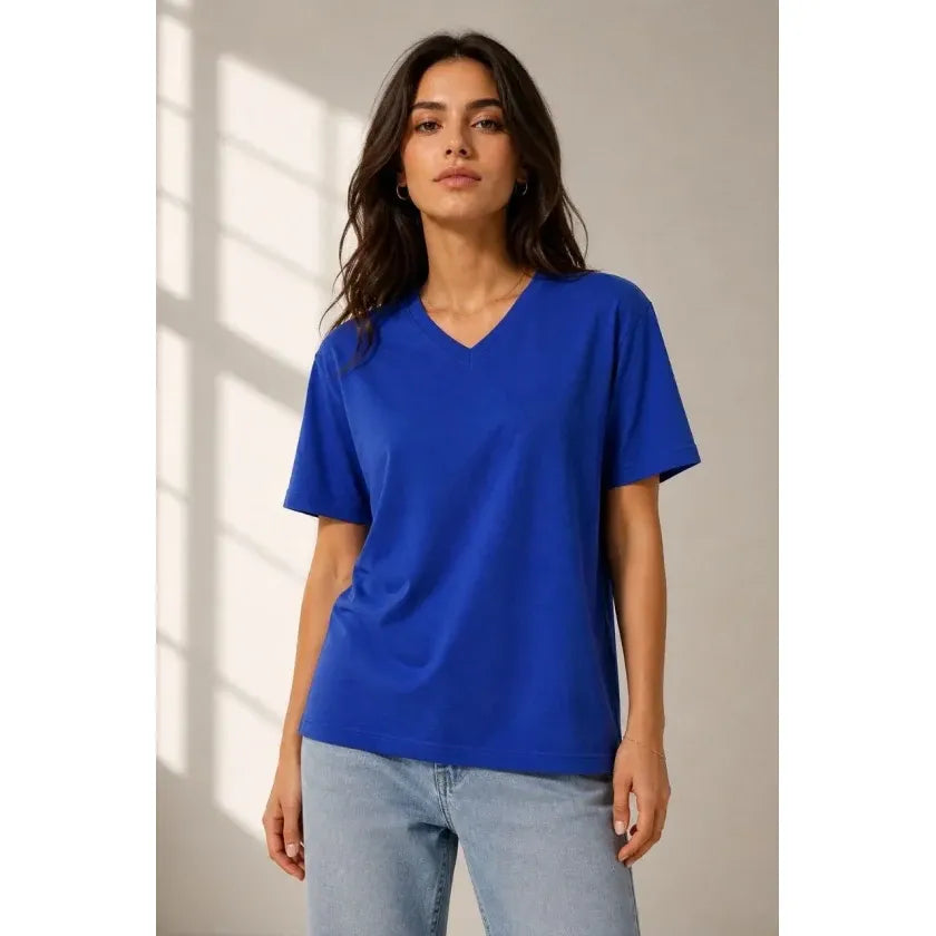 V Yaka Basic Tişört Kısa Kol Yazlık Regular Fit T-Shirt - Saks Mavisi