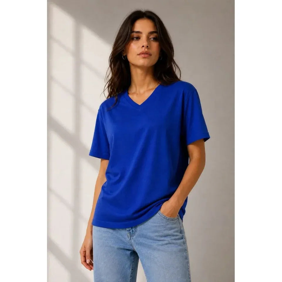 V Yaka Basic Tişört Kısa Kol Yazlık Regular Fit T-Shirt - Saks Mavisi