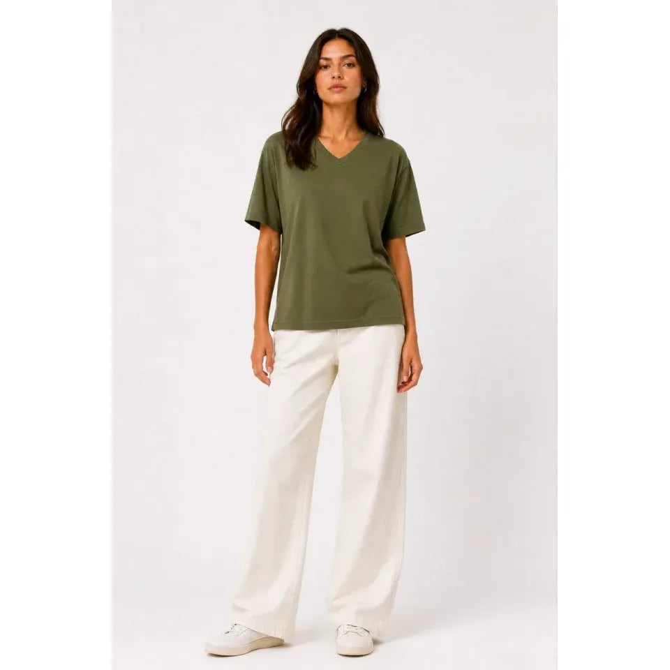 V Yaka Basic Tişört Kısa Kol Yazlık Regular Fit T-Shirt - Haki