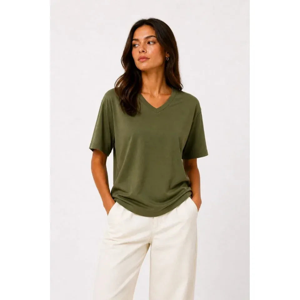 V Yaka Basic Tişört Kısa Kol Yazlık Regular Fit T-Shirt - Haki