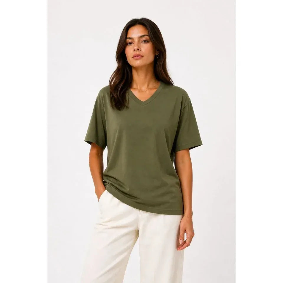 V Yaka Basic Tişört Kısa Kol Yazlık Regular Fit T-Shirt - Haki