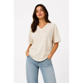 V Yaka Basic Tişört Kısa Kol Yazlık Regular Fit T-Shirt - Bej