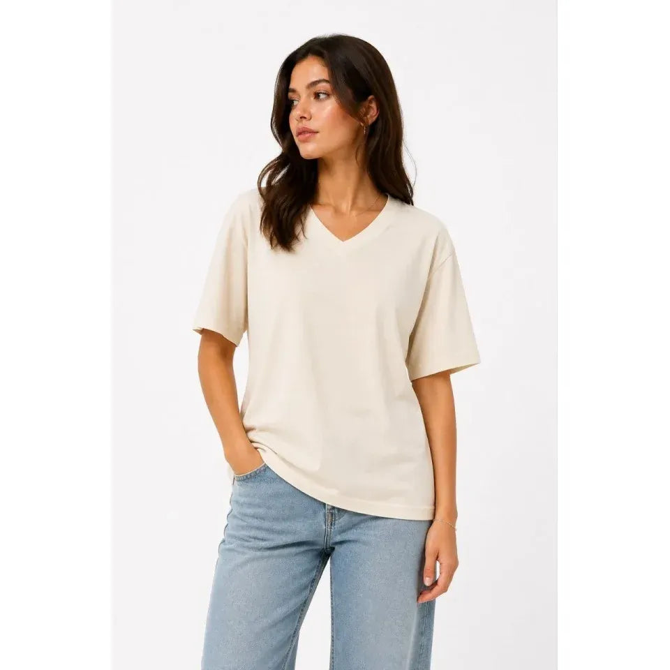 V Yaka Basic Tişört Kısa Kol Yazlık Regular Fit T-Shirt - Bej