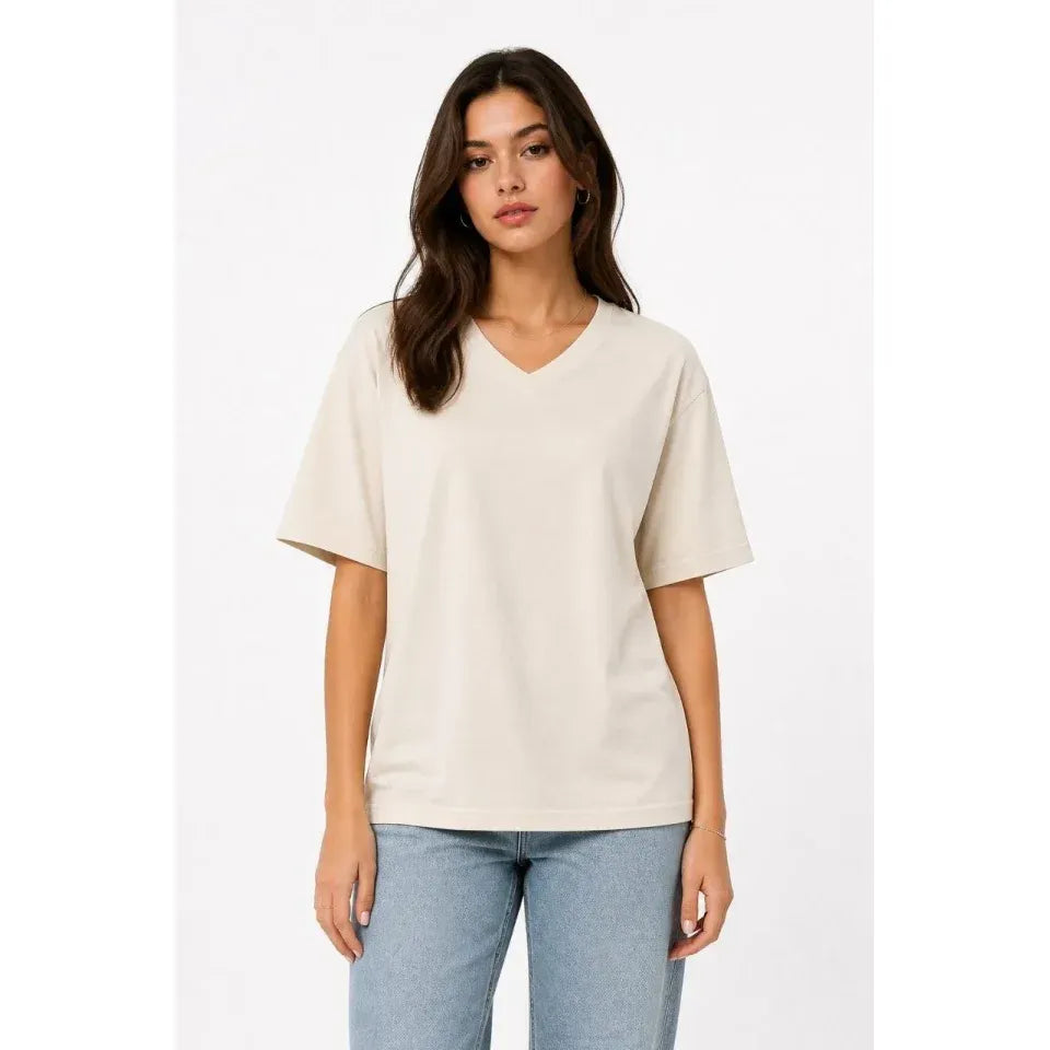 V Yaka Basic Tişört Kısa Kol Yazlık Regular Fit T-Shirt - Bej
