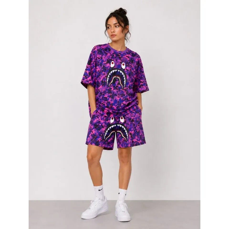 Oversize Kalıp Pubg Bape X Shark Nakışlı Cepli Şort Takım - Mor