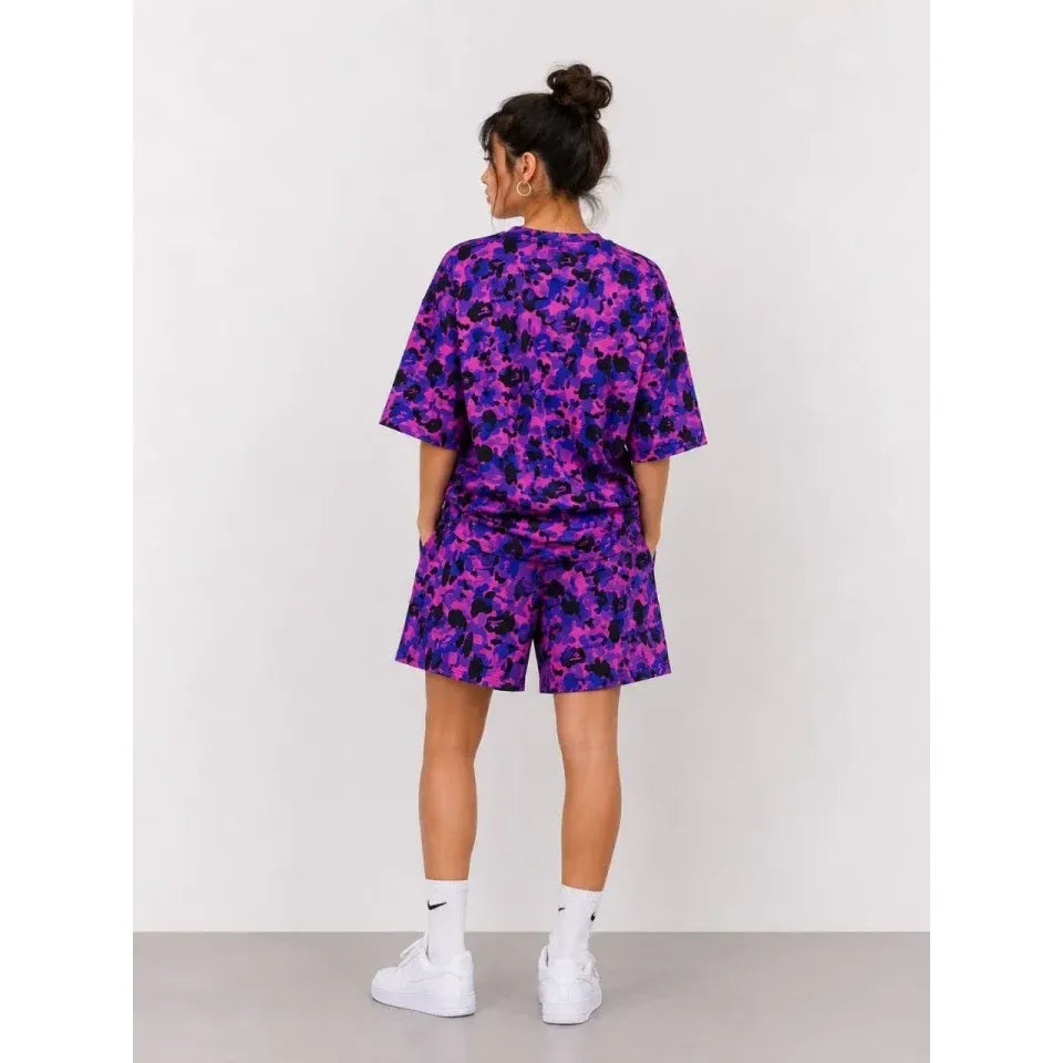 Oversize Kalıp Pubg Bape X Shark Nakışlı Cepli Şort Takım - Mor
