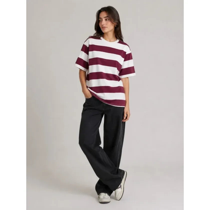 Çizgili Oversize Tişört Bisiklet Yaka Kısa Kol Yazlık T-Shirt - Bordo