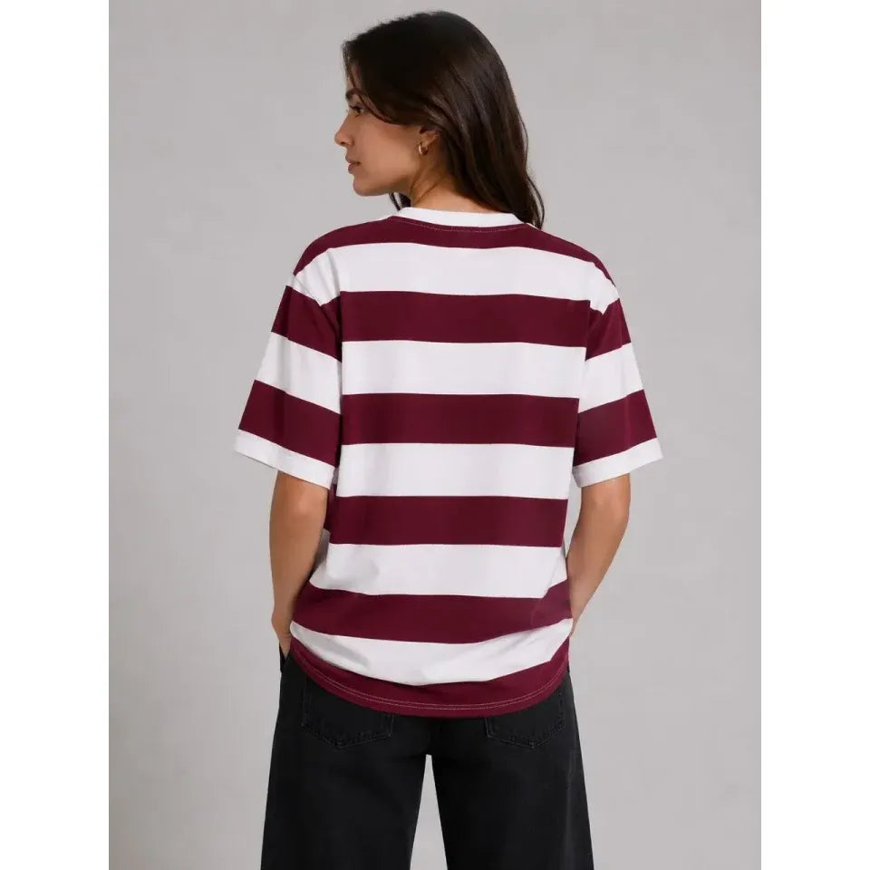 Çizgili Oversize Tişört Bisiklet Yaka Kısa Kol Yazlık T-Shirt - Bordo