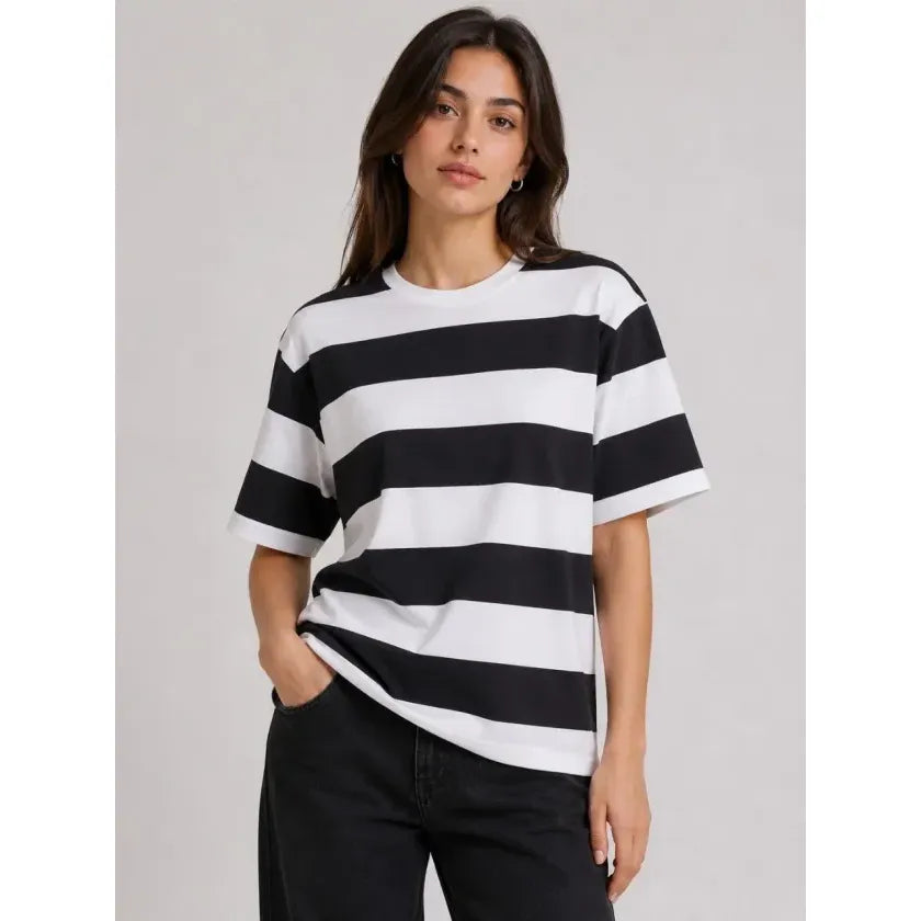Çizgili Oversize Tişört Bisiklet Yaka Kısa Kol Yazlık T-Shirt - Siyah