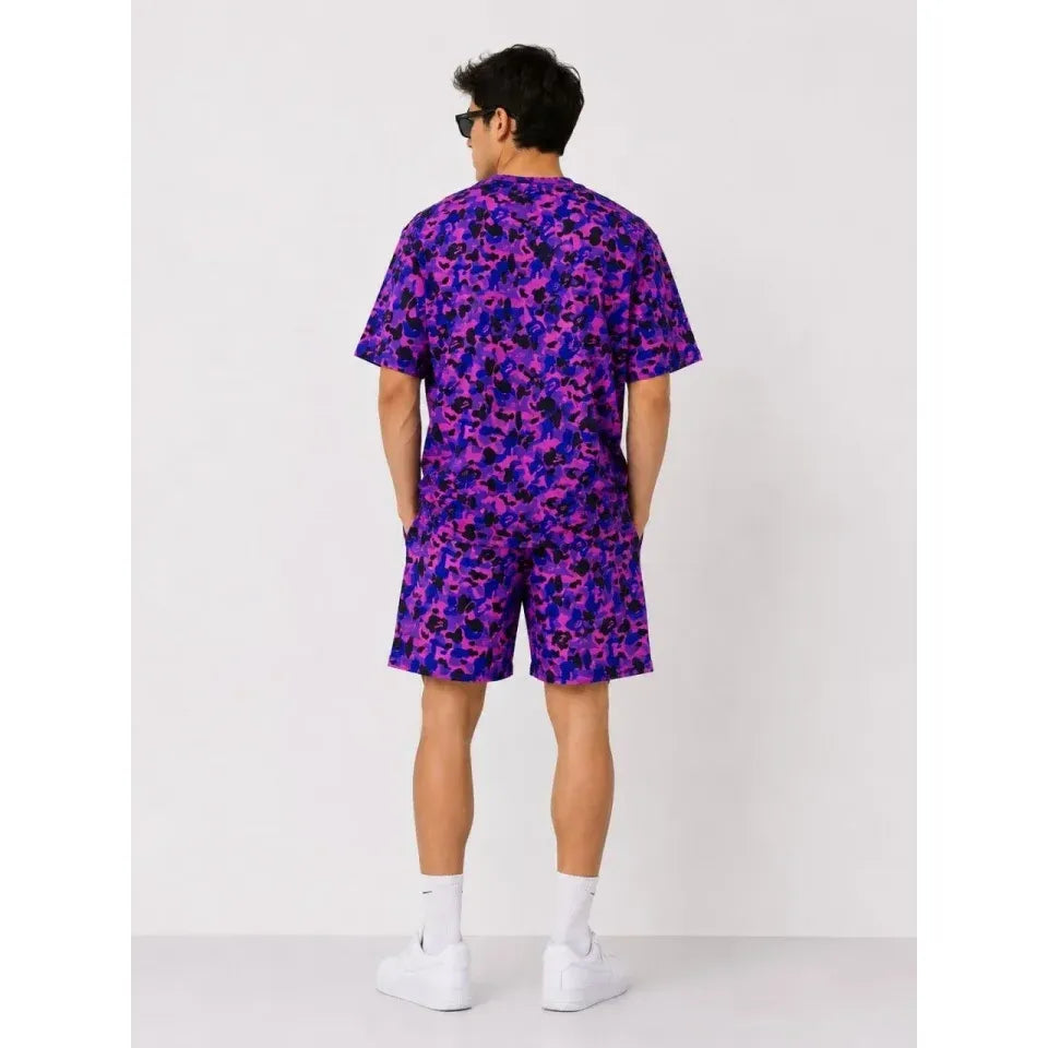 Erkek Oversize Kalıp Pubg Bape X Shark Nakışlı Cepli Şort Takım - Mor