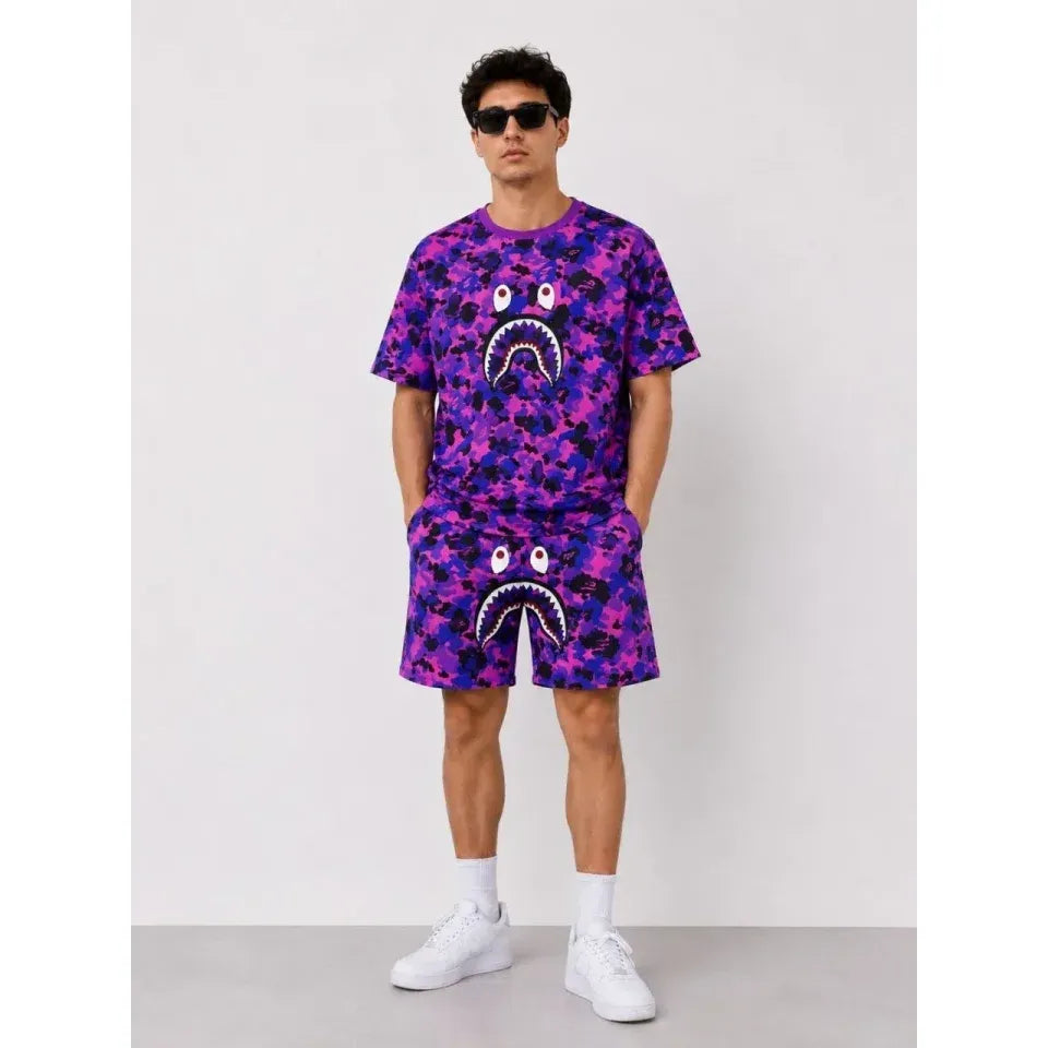 Erkek Oversize Kalıp Pubg Bape X Shark Nakışlı Cepli Şort Takım - Mor