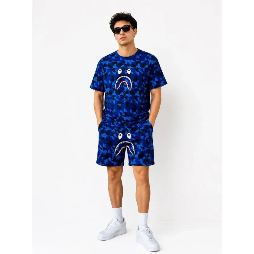 Erkek Oversize Kalıp Pubg Bape X Shark Nakışlı Cepli Şort Takım - Mavi