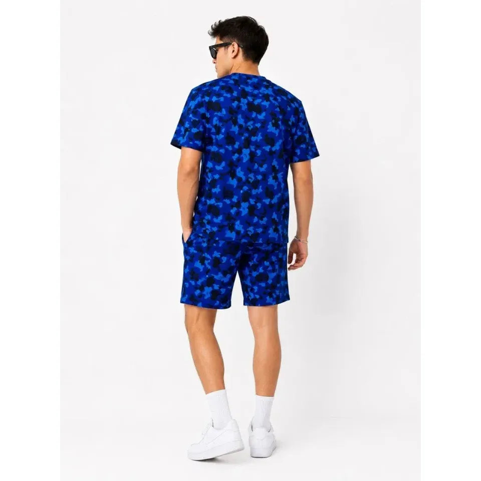 Erkek Oversize Kalıp Pubg Bape X Shark Nakışlı Cepli Şort Takım - Mavi
