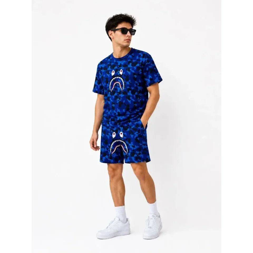 Erkek Oversize Kalıp Pubg Bape X Shark Nakışlı Cepli Şort Takım - Mavi