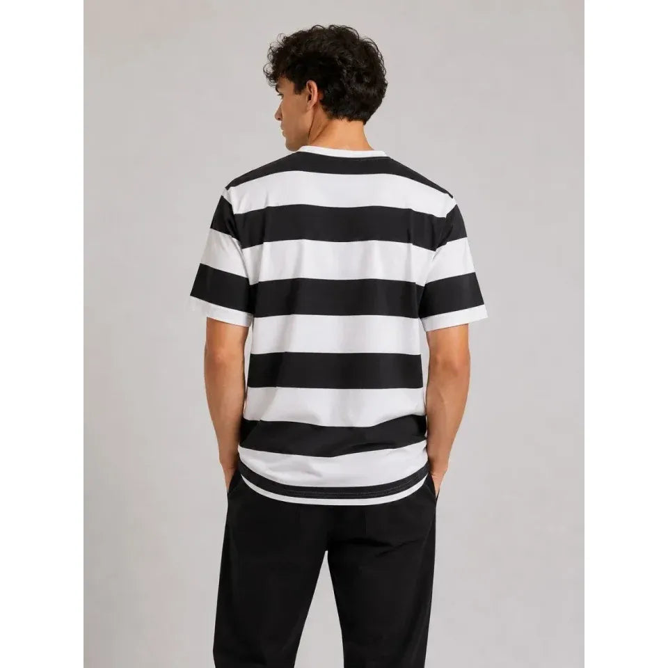 Erkek Çizgili Oversize Tişört Bisiklet Yaka Kısa Kol Yazlık T-Shirt - Siyah