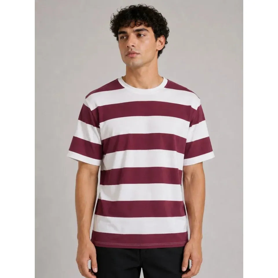 Erkek Çizgili Oversize Tişört Bisiklet Yaka Kısa Kol Yazlık T-Shirt - Bordo