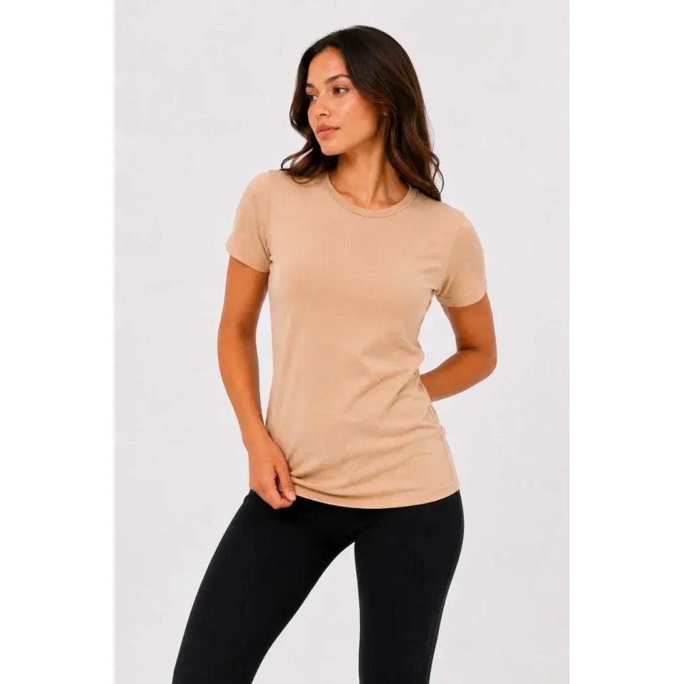 Basic Tişört Bisiklet Yaka Kısa Kol Günlük Yazlık Slim Fit T-Shirt - Bej