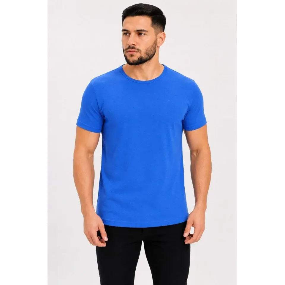 Erkek Basic Tişört Bisiklet Yaka Kısa Kol Günlük Yazlık Slim Fit T-Shirt - Saks Mavisi
