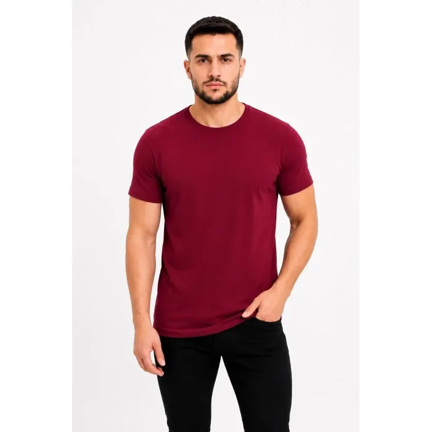 Erkek Basic Tişört Bisiklet Yaka Kısa Kol Günlük Yazlık Slim Fit T-Shirt - Bordo