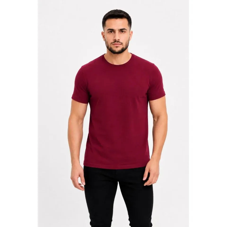 Erkek Basic Tişört Bisiklet Yaka Kısa Kol Günlük Yazlık Slim Fit T-Shirt - Bordo