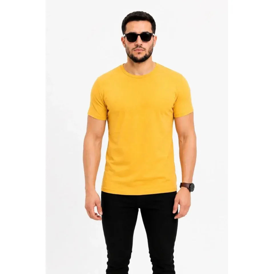 Erkek Basic Tişört Bisiklet Yaka Kısa Kol Günlük Yazlık Slim Fit T-Shirt - Sarı
