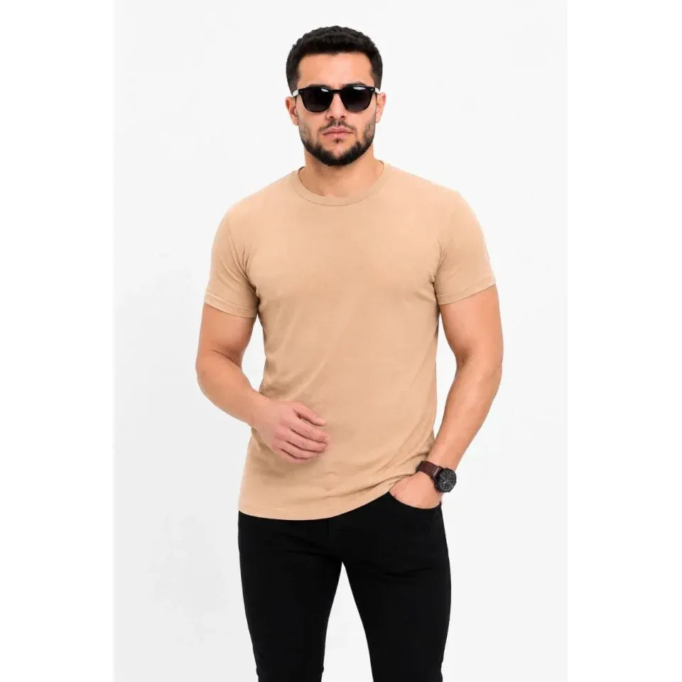 Erkek Basic Tişört Bisiklet Yaka Kısa Kol Günlük Yazlık Slim Fit T-Shirt - Bej