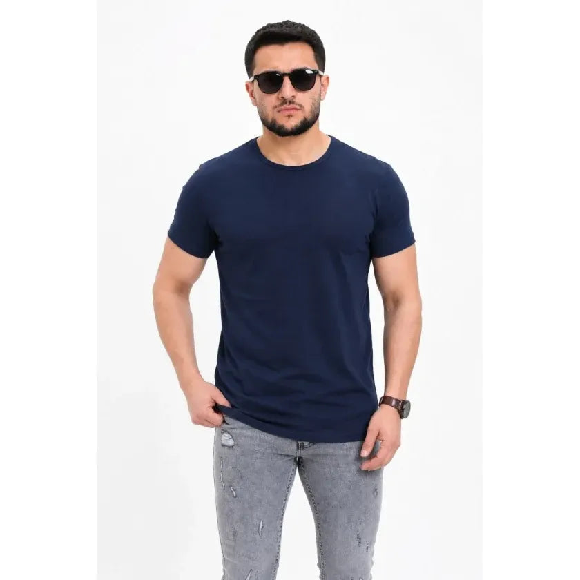 Erkek Basic Tişört Bisiklet Yaka Kısa Kol Günlük Yazlık Slim Fit T-Shirt - Lacivert