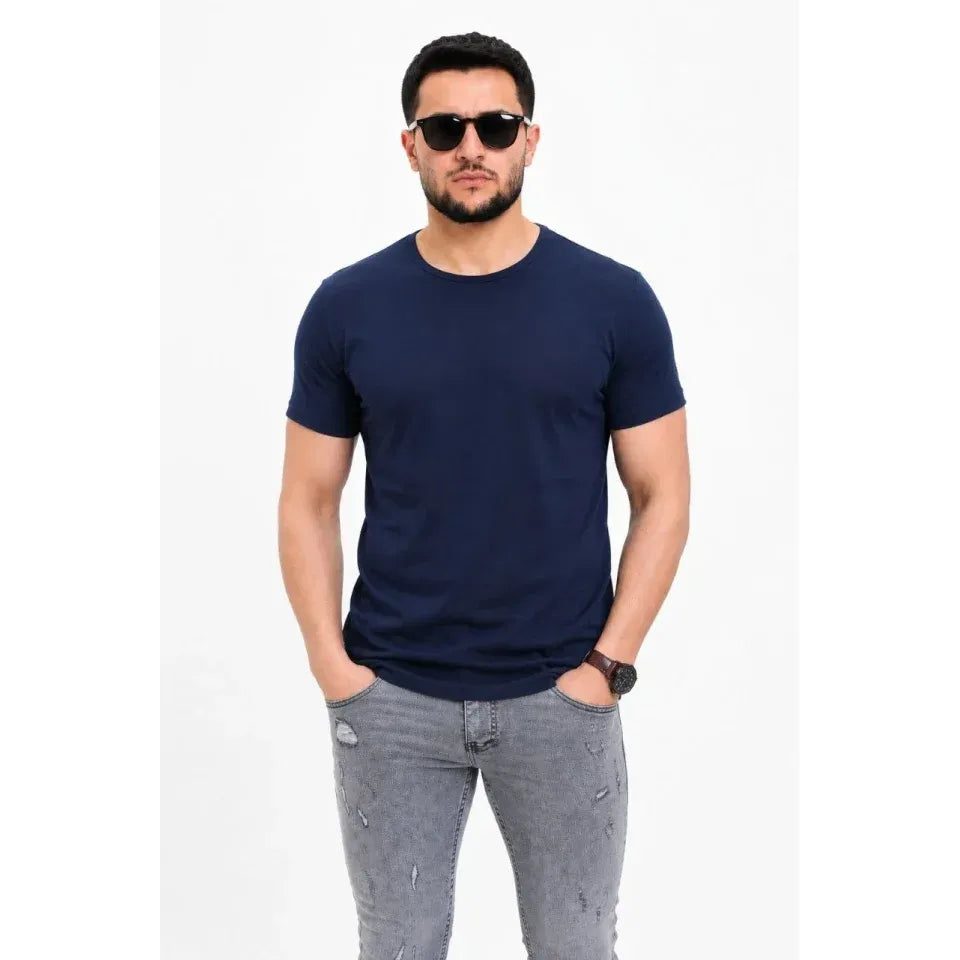 Erkek Basic Tişört Bisiklet Yaka Kısa Kol Günlük Yazlık Slim Fit T-Shirt - Lacivert