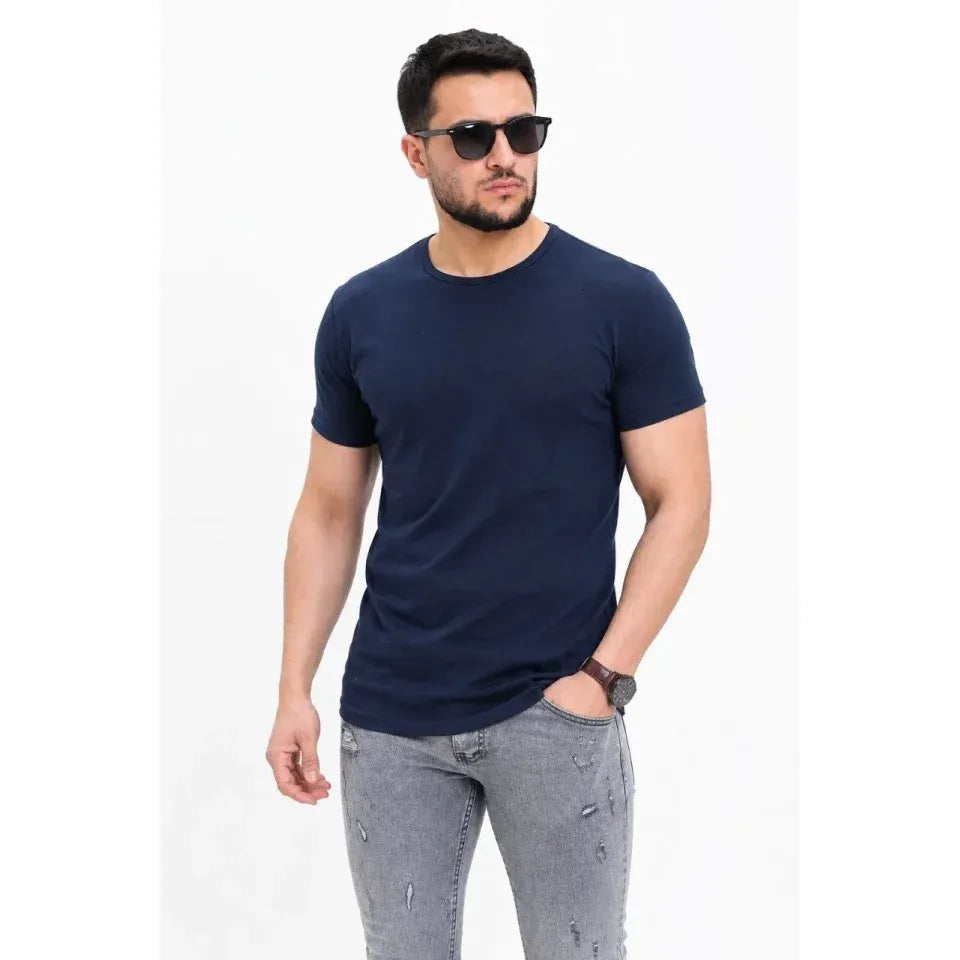 Erkek Basic Tişört Bisiklet Yaka Kısa Kol Günlük Yazlık Slim Fit T-Shirt - Lacivert