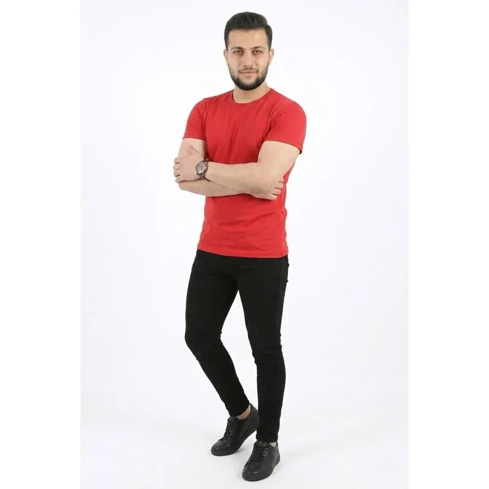Erkek Basic Tişört Bisiklet Yaka Kısa Kol Günlük Yazlık Slim Fit T-Shirt - Kırmızı