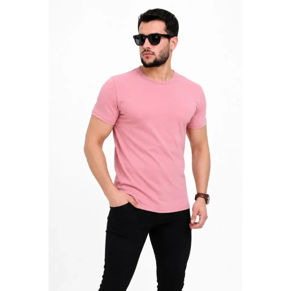 Erkek Basic Tişört Bisiklet Yaka Kısa Kol Günlük Yazlık Slim Fit T-Shirt - Pembe