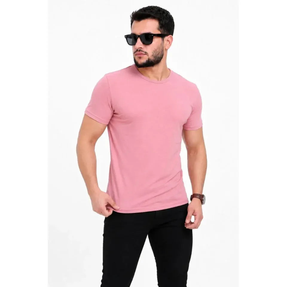Erkek Basic Tişört Bisiklet Yaka Kısa Kol Günlük Yazlık Slim Fit T-Shirt - Pembe