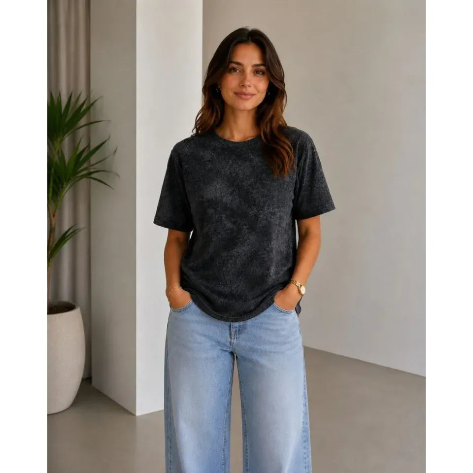 Batik Desenli Tişört Bisiklet Yaka Kısa Kol Regular Fit T-shirt - Siyah