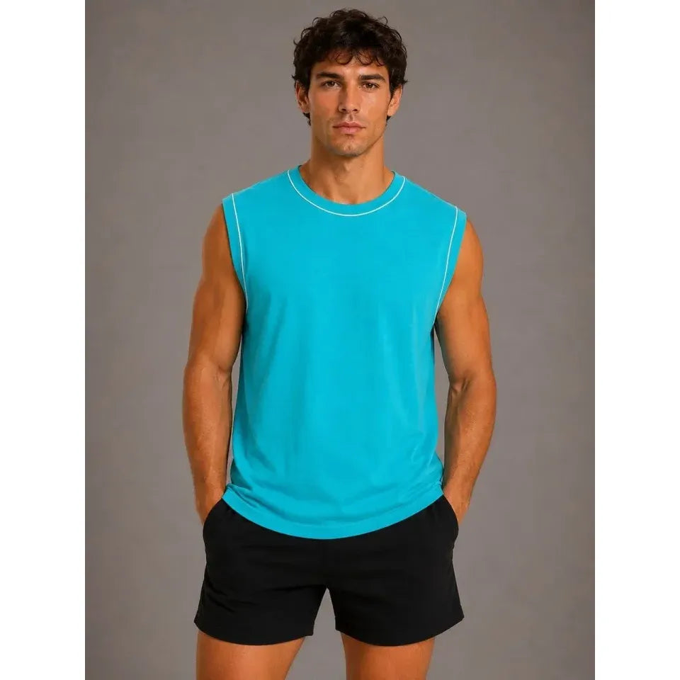 Erkek Kontrast Biyeli Kolsuz Atlet Bisiklet Yaka Yazlık Basic Atlet - Turkuaz