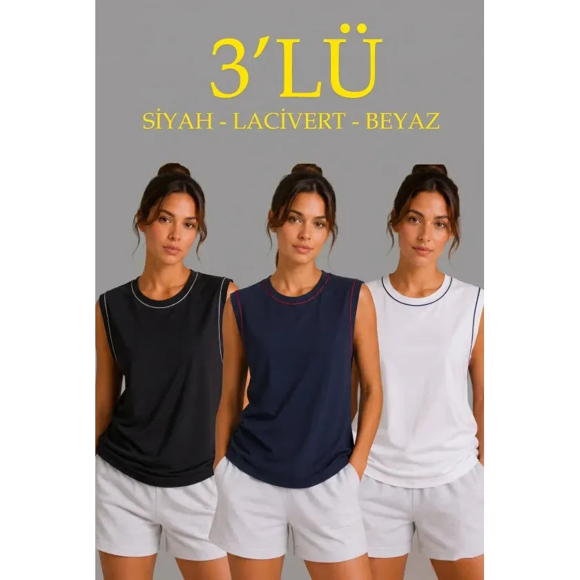 3’lü Kolsuz Sporcu Atlet Seti Yazlık Bisiklet Yaka - Siyah, Lacivert, Beyaz
