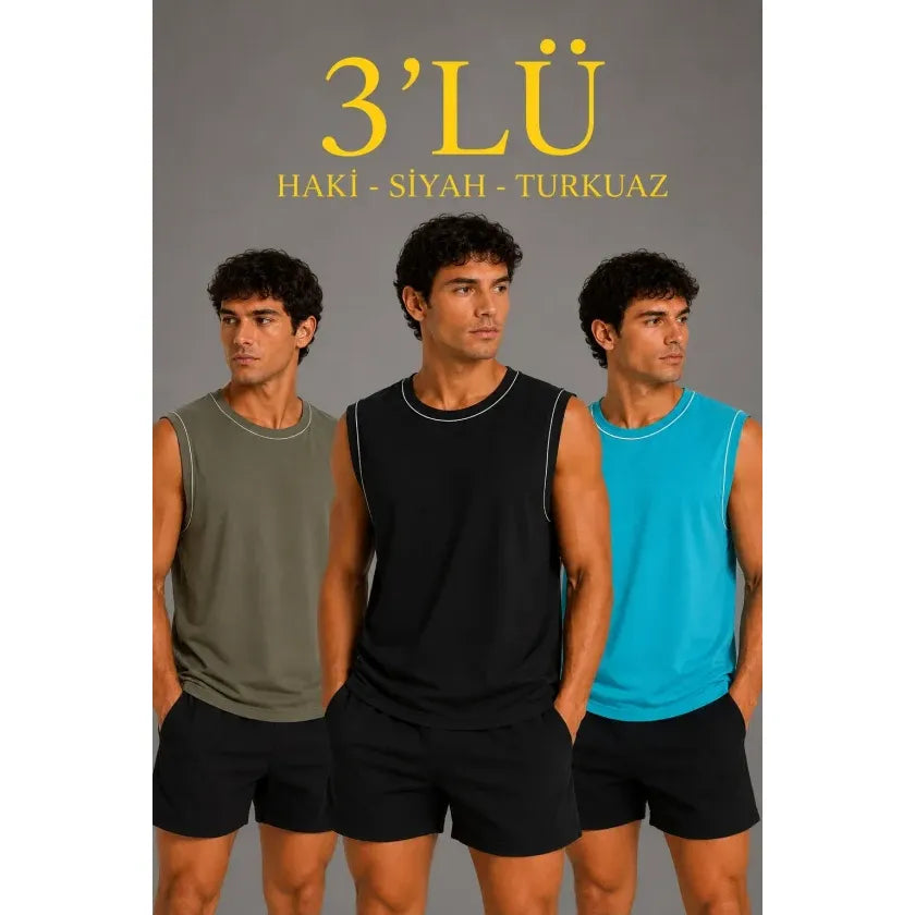 Erkek 3’lü Kolsuz Sporcu Atlet Seti Yazlık Bisiklet Yaka - Siyah, Haki, Açık Mavi
