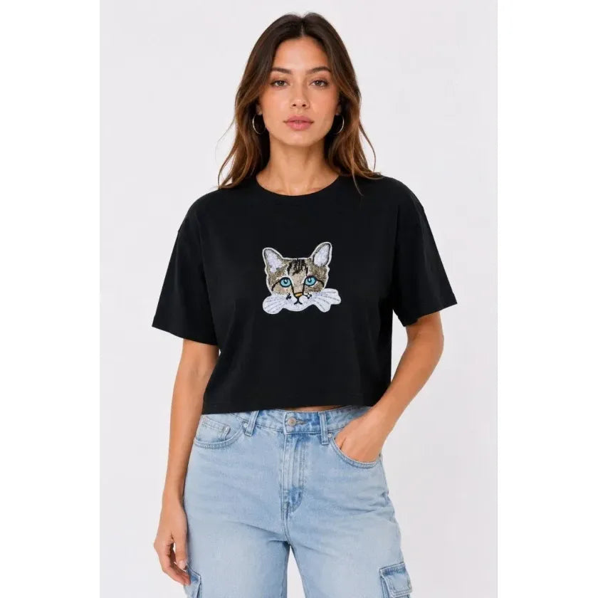 Kedi Baskılı Oversize Crop Tişört Salaş Basic Yarım Kol T-shirt - Siyah