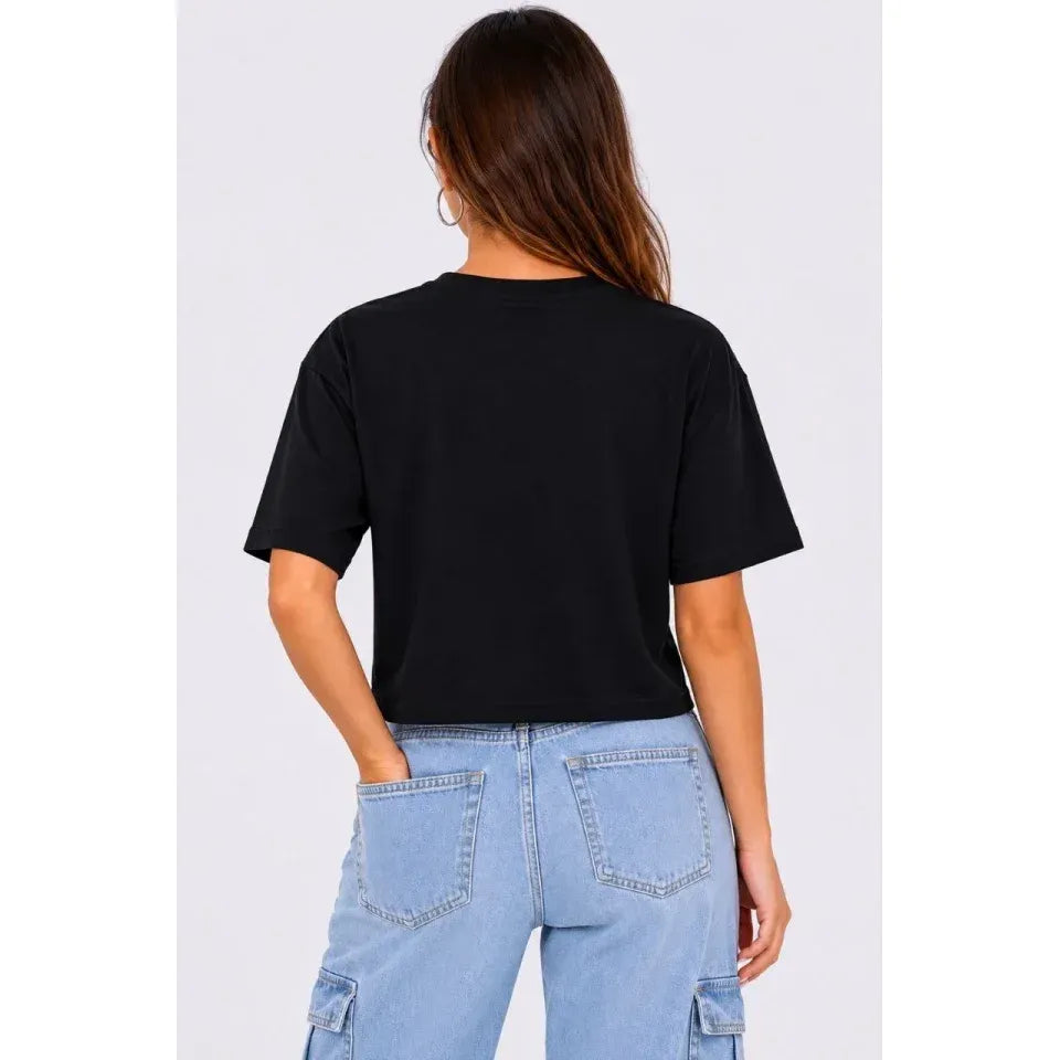 Kedi Baskılı Oversize Crop Tişört Salaş Basic Yarım Kol T-shirt - Siyah