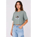 Kedi Baskılı Oversize Crop Tişört Salaş Basic Yarım Kol T-shirt - Mint Yeşili