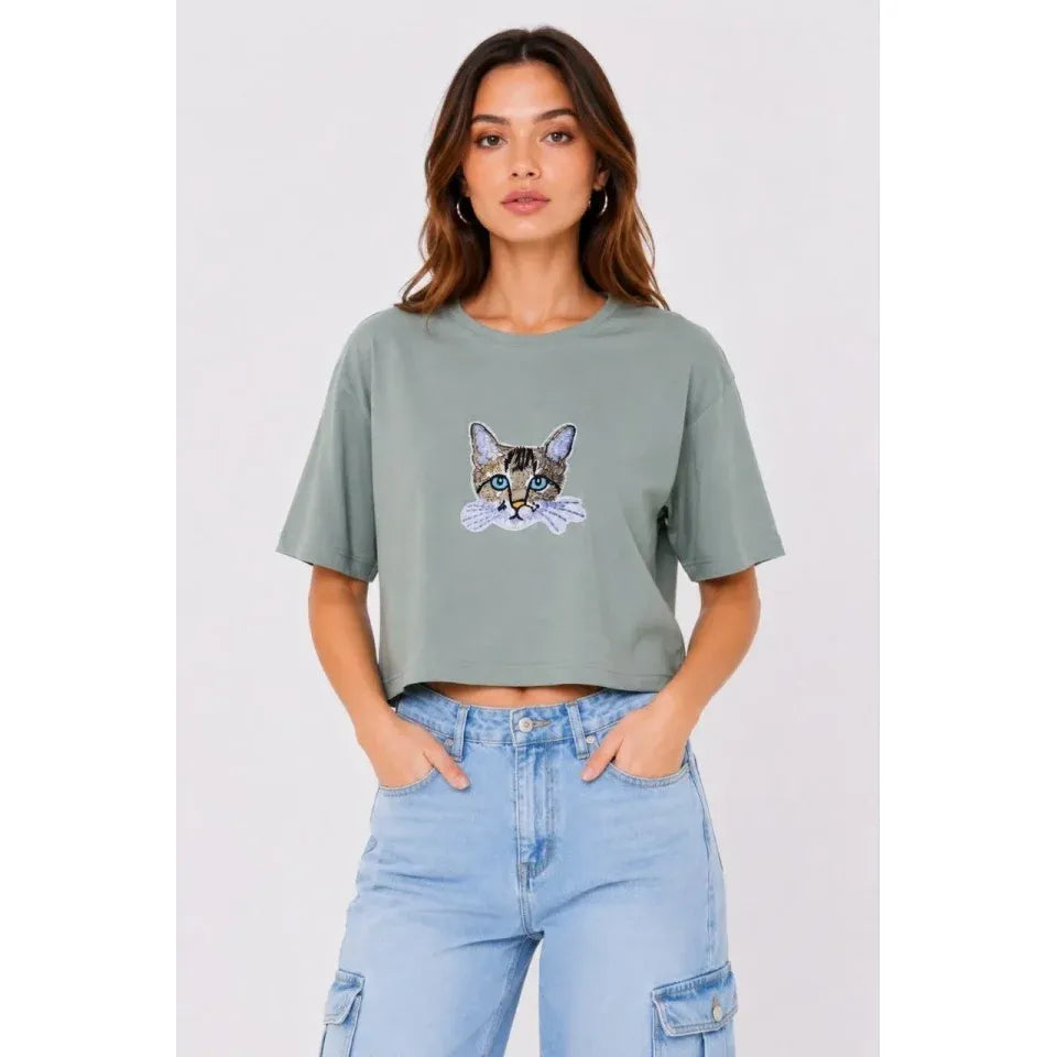 Kedi Baskılı Oversize Crop Tişört Salaş Basic Yarım Kol T-shirt - Mint Yeşili