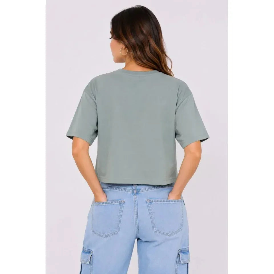 Kedi Baskılı Oversize Crop Tişört Salaş Basic Yarım Kol T-shirt - Mint Yeşili