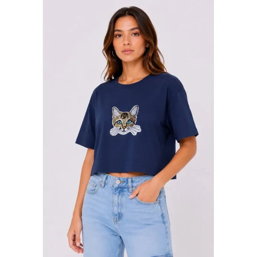 Kedi Baskılı Oversize Crop Tişört Salaş Basic Yarım Kol T-shirt - Lacivert