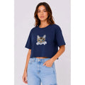 Kedi Baskılı Oversize Crop Tişört Salaş Basic Yarım Kol T-shirt - Lacivert