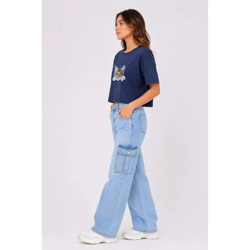 Kedi Baskılı Oversize Crop Tişört Salaş Basic Yarım Kol T-shirt - Lacivert